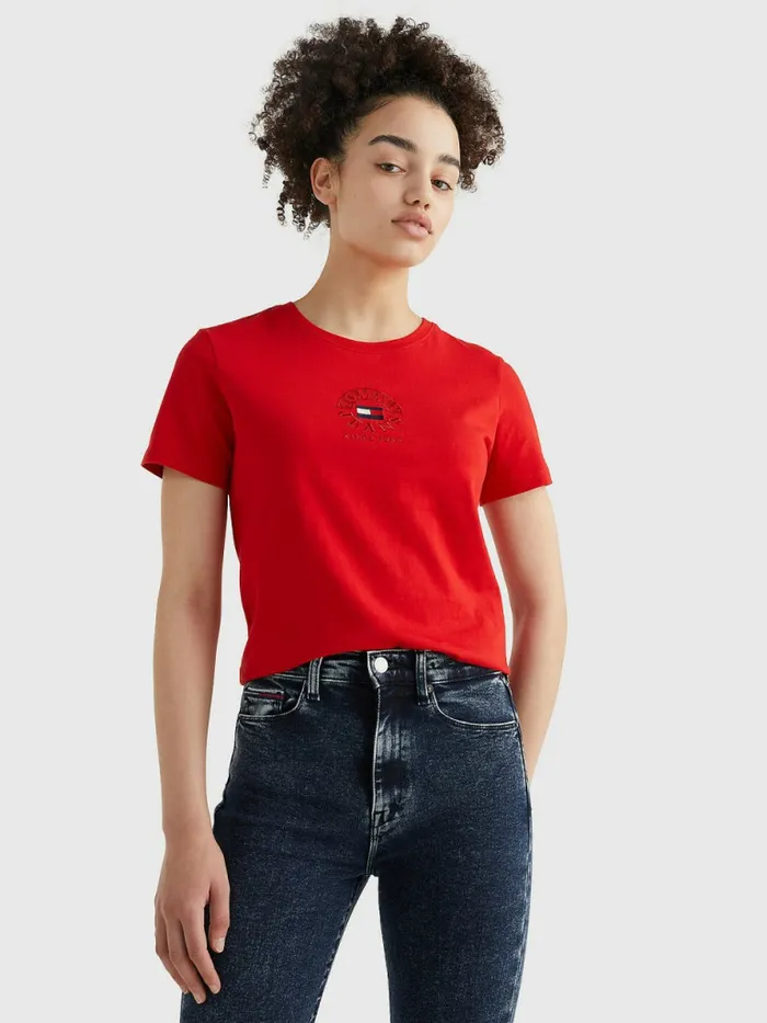 Tommy Hilfiger Logo Embroidery Slim Fit TShirt Deep Crimson Womens TShirts Popular Tommy Hilfiger Logo Embroidery Slim Fit TShirt Deep Crimson Womens TShirts Popular