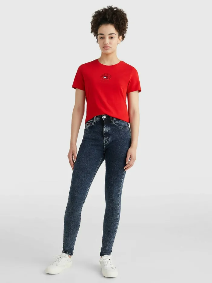 Tommy Hilfiger Logo Embroidery Slim Fit TShirt Deep Crimson Womens TShirts Popular