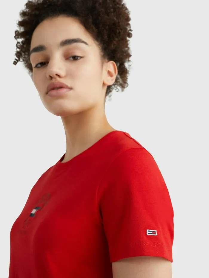 Tommy Hilfiger Logo Embroidery Slim Fit TShirt Deep Crimson Womens TShirts Popular