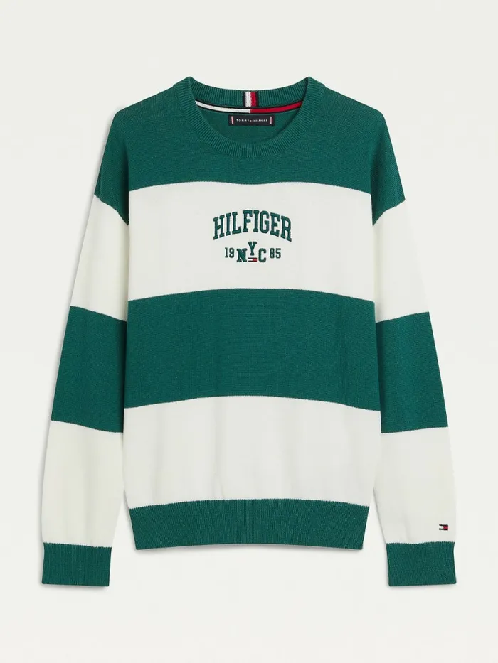 Tommy Hilfiger Logo Embroidery Stripe Crew Neck Jumper Rural Green Boys Jumpers and Cardigans Fashion Tommy Hilfiger Logo Embroidery Stripe Crew Neck Jumper Rural Green Boys Jumpers and Cardigans Fashion