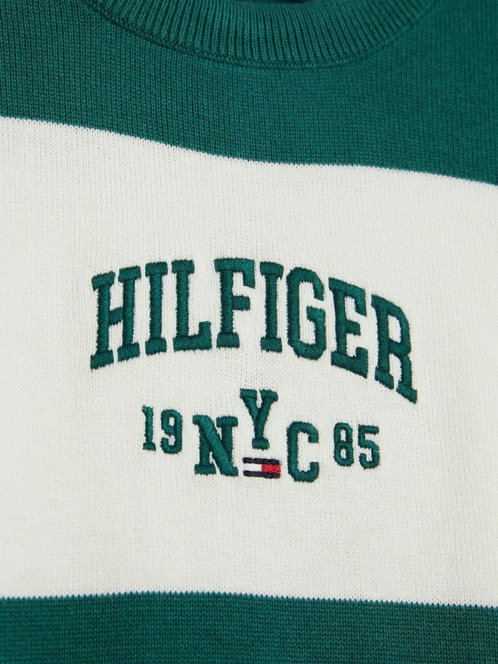 Tommy Hilfiger Logo Embroidery Stripe Crew Neck Jumper Rural Green Boys Jumpers and Cardigans Fashion