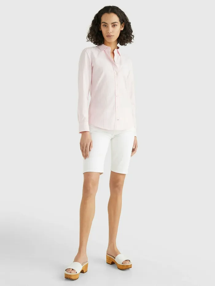 Tommy Hilfiger Logo Embroidery Stripe Regular Fit Shirt Oxford StpWhitePastel Pink Womens Shirts and Blouses Gift Ideas