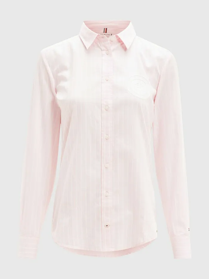 Tommy Hilfiger Logo Embroidery Stripe Regular Fit Shirt Oxford StpWhitePastel Pink Womens Shirts and Blouses Gift Ideas