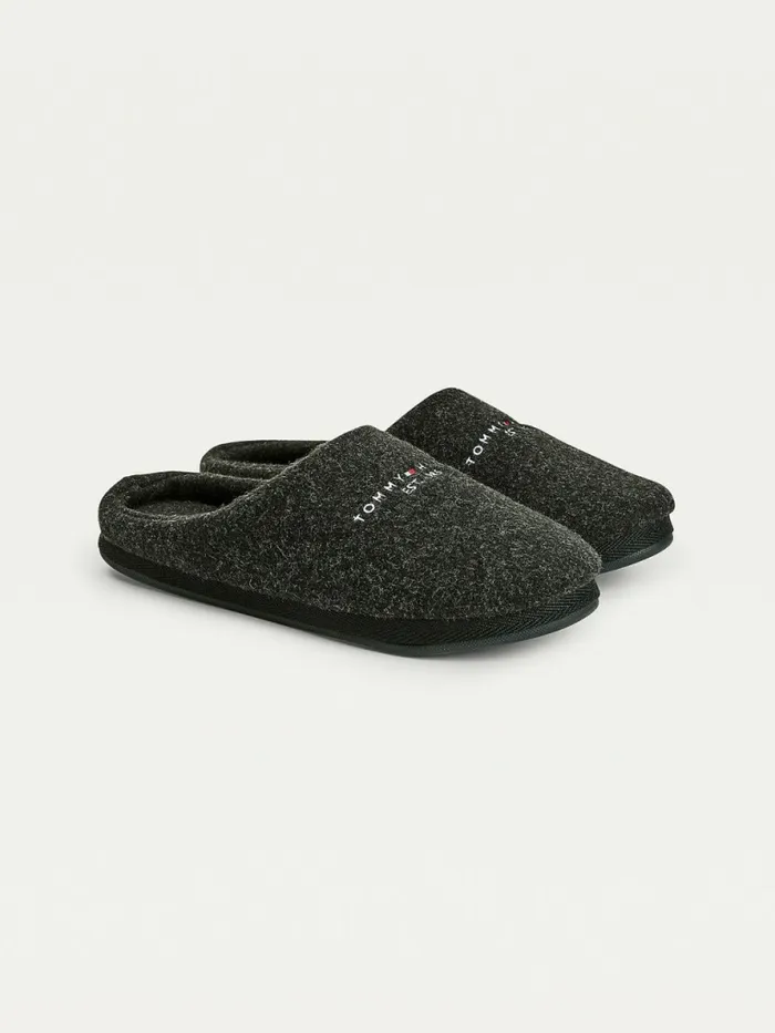 Tommy Hilfiger Logo Felt Home Slippers Black Mens Casual Shoes For Sale