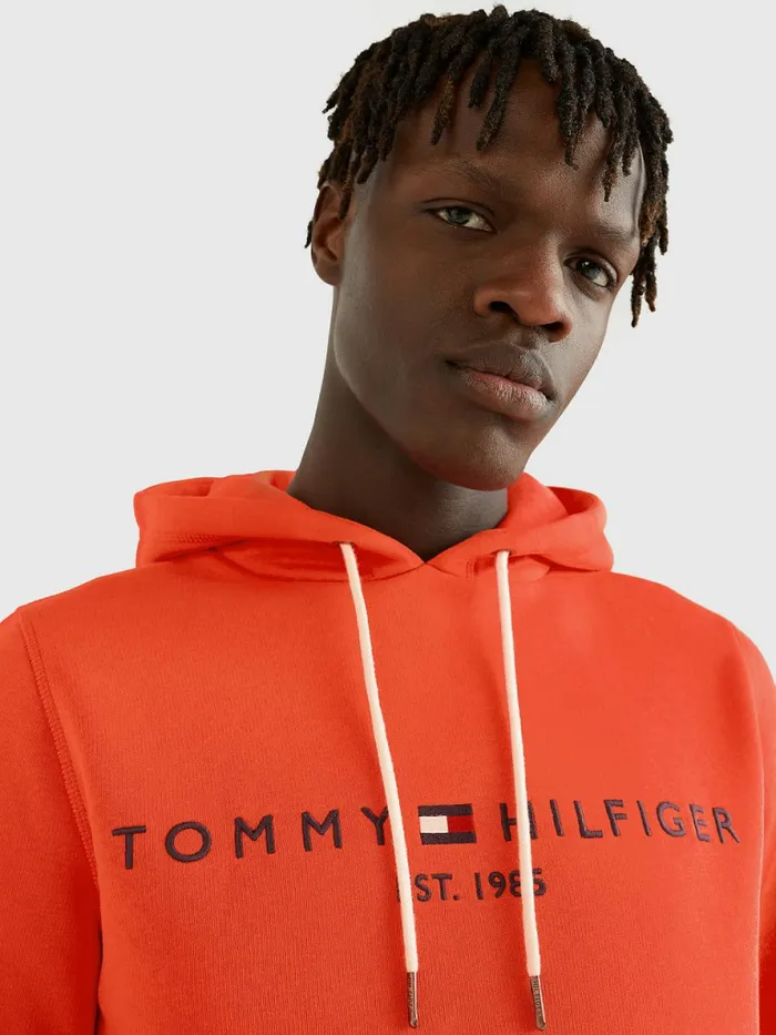 Tommy Hilfiger Logo Fleece Hoody Hawaiian Coral Mens Sweatshirts and Hoodies On Sale