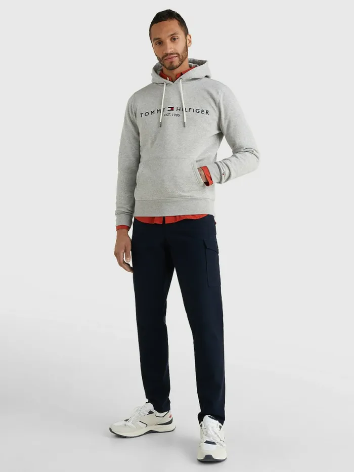 Tommy Hilfiger Logo Flex Fleece Hoody Cloud Htr Mens Essentials