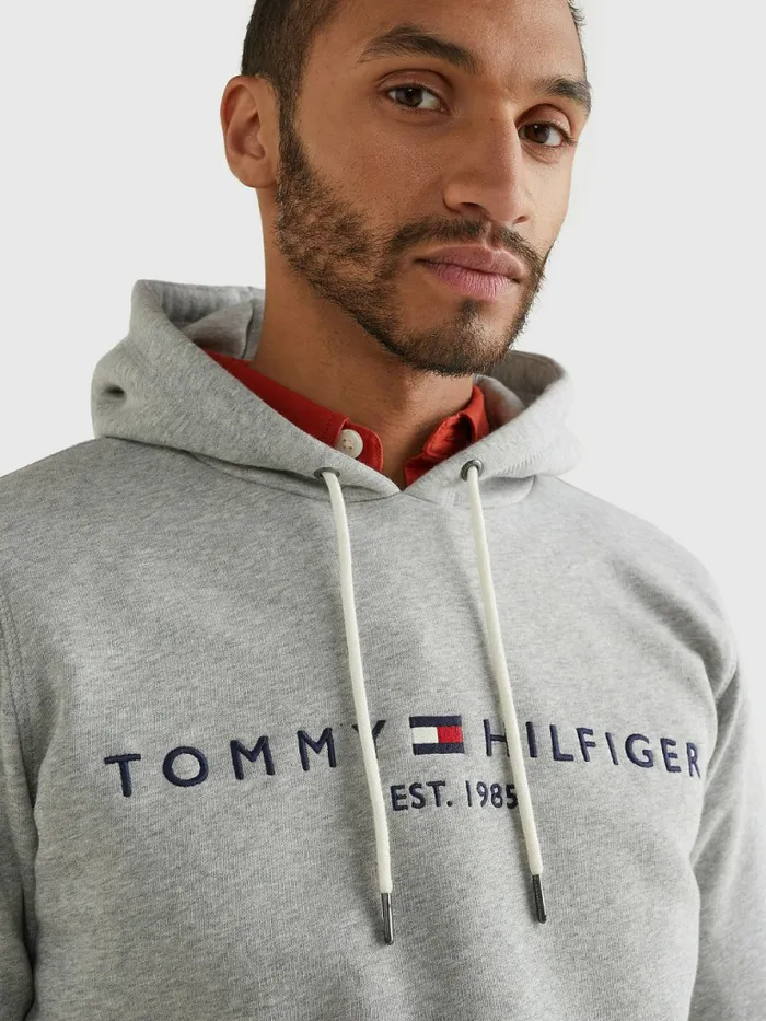 Tommy Hilfiger Logo Flex Fleece Hoody Cloud Htr Mens Essentials