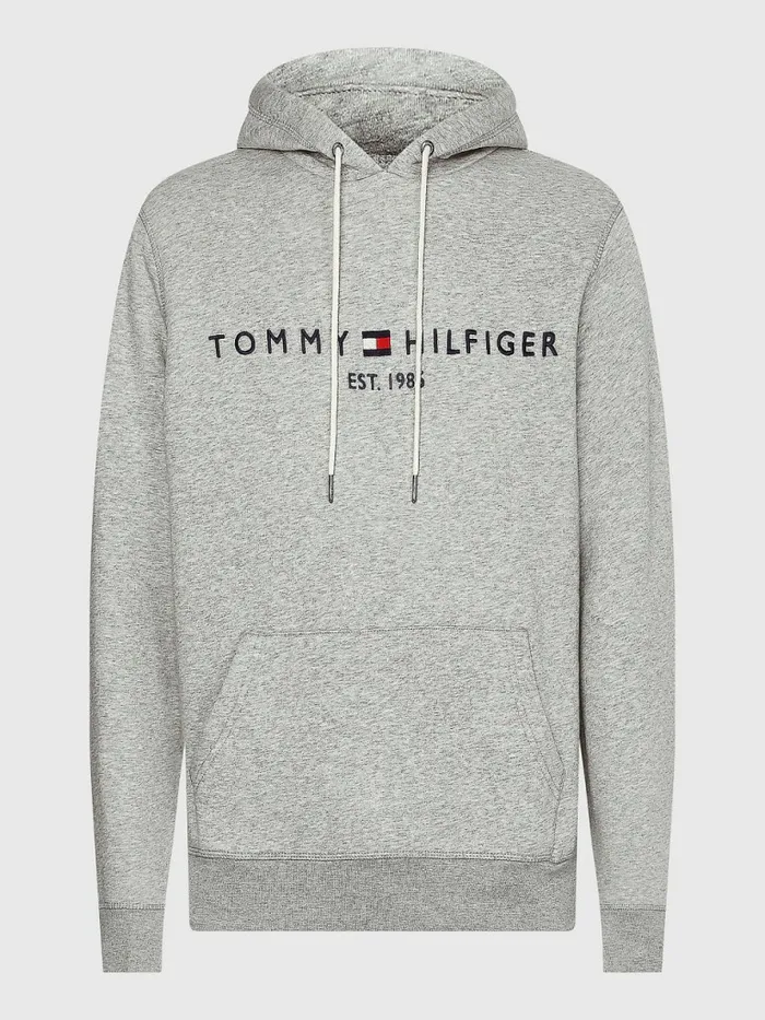 Tommy Hilfiger Logo Flex Fleece Hoody Cloud Htr Mens Essentials