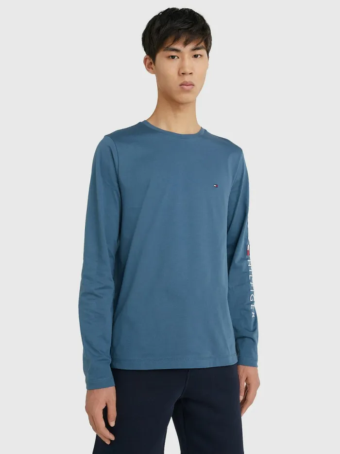 Tommy Hilfiger Logo Long Sleeve TShirt Charcoal Blue Mens TShirts Online