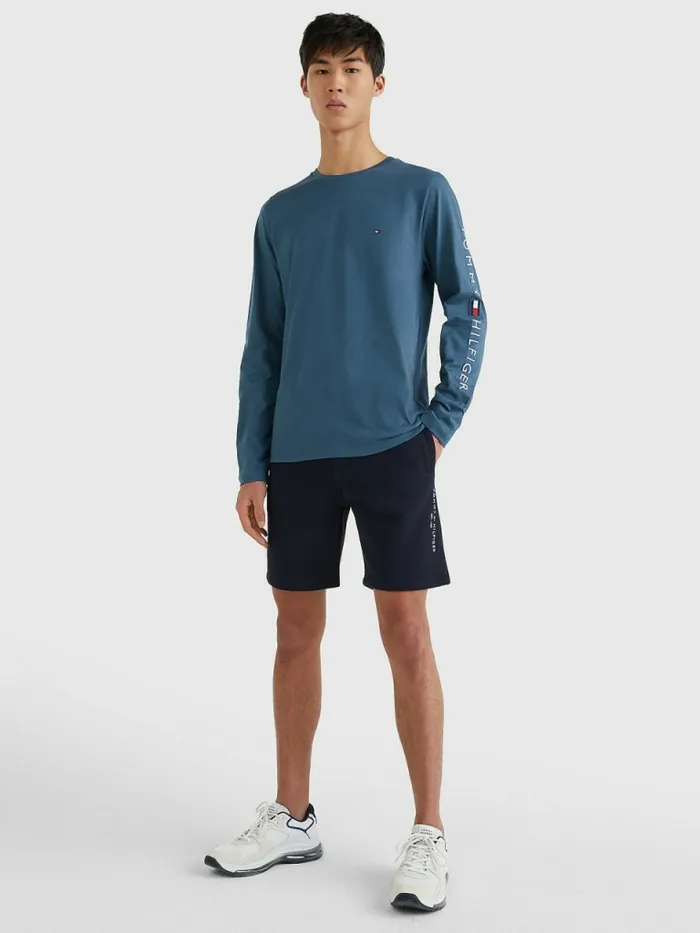 Tommy Hilfiger Logo Long Sleeve TShirt Charcoal Blue Mens TShirts Online