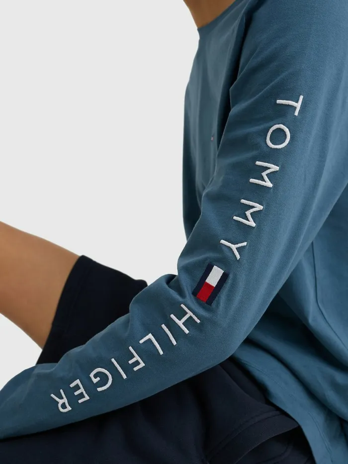 Tommy Hilfiger Logo Long Sleeve TShirt Charcoal Blue Mens TShirts Online