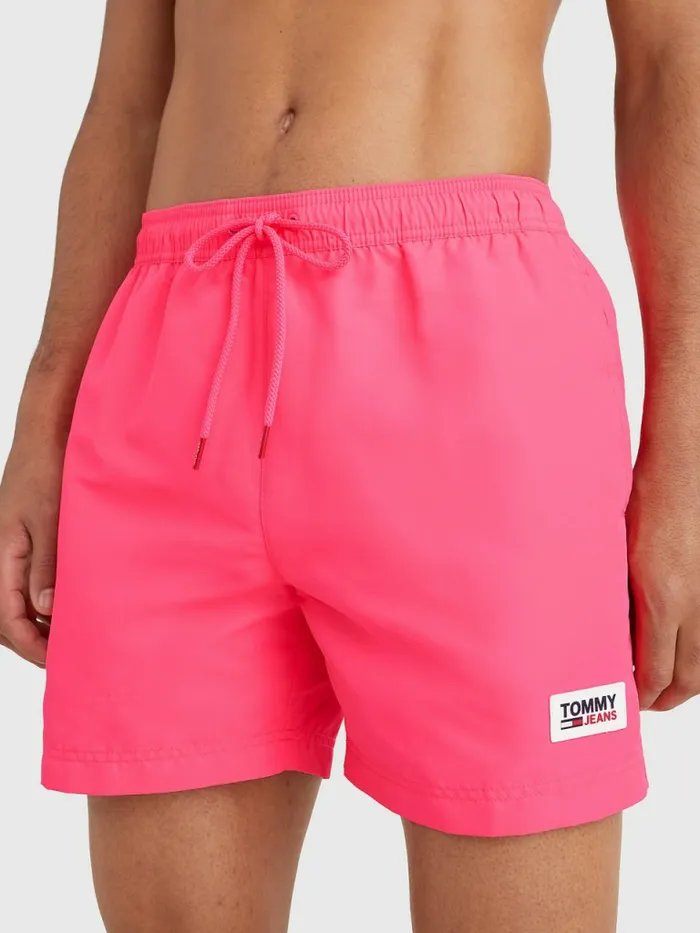 Tommy Hilfiger Logo Patch Mid Length Swim Shorts Hyper Pink Mens Swimwear Online Tommy Hilfiger Logo Patch Mid Length Swim Shorts Hyper Pink Mens Swimwear Online