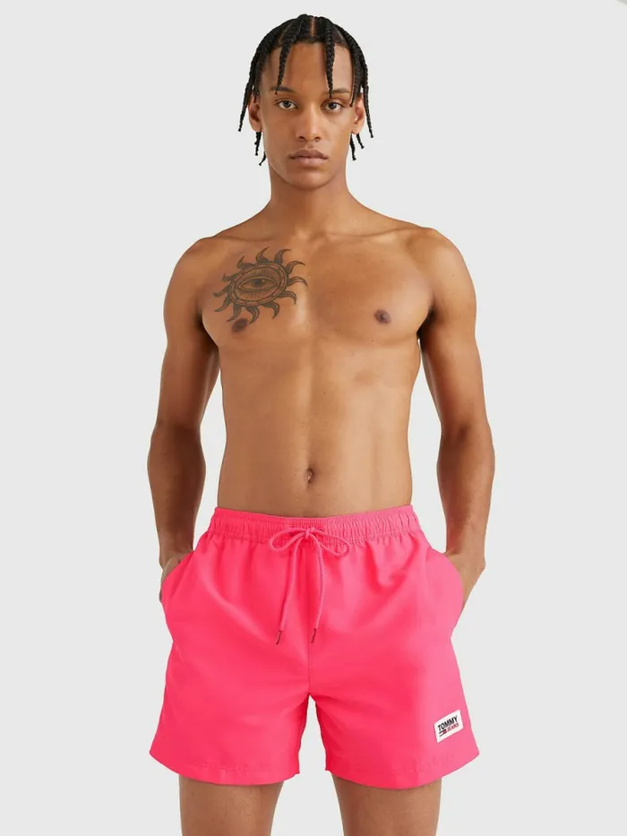 Tommy Hilfiger Logo Patch Mid Length Swim Shorts Hyper Pink Mens Swimwear Online