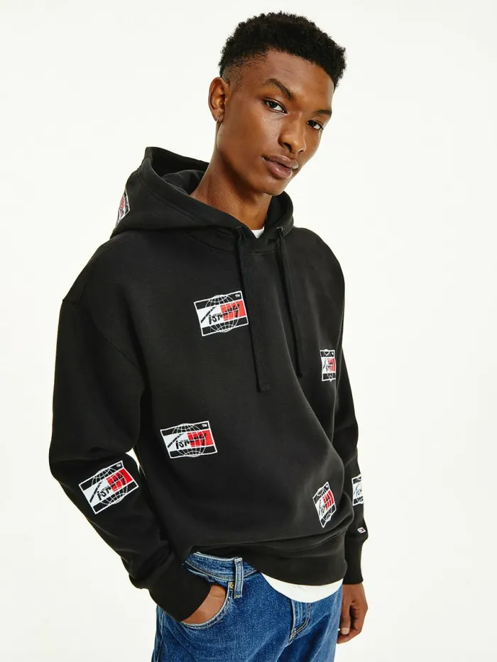 Tommy Hilfiger Logo Print Relaxed Fit Hoody Black Mens Sweatshirts and Hoodies Cheap On Sale Tommy Hilfiger Logo Print Relaxed Fit Hoody Black Mens Sweatshirts and Hoodies Cheap On Sale