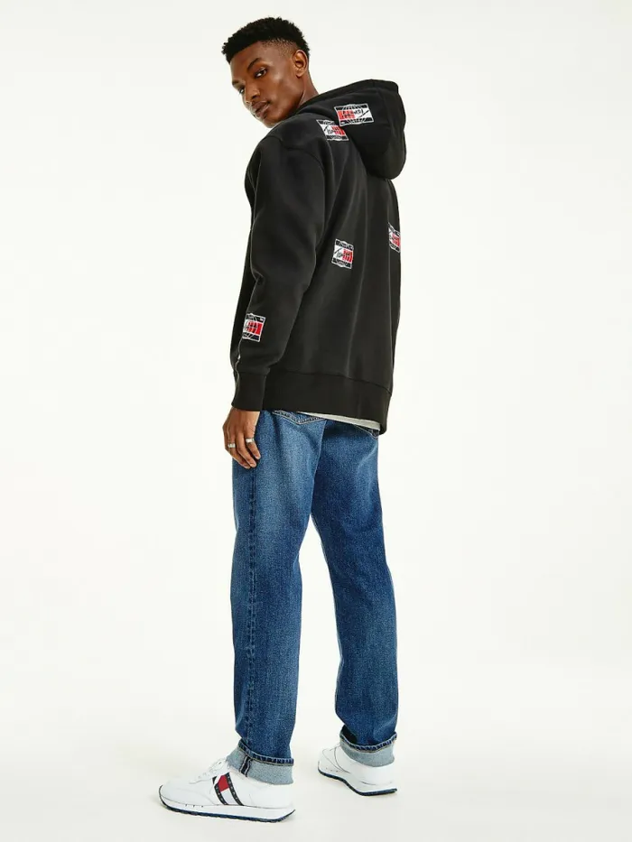 Tommy Hilfiger Logo Print Relaxed Fit Hoody Black Mens Sweatshirts and Hoodies Cheap On Sale