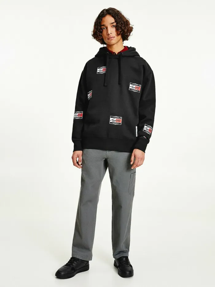 Tommy Hilfiger Logo Print Relaxed Fit Hoody Black Mens Sweatshirts and Hoodies Cheap On Sale