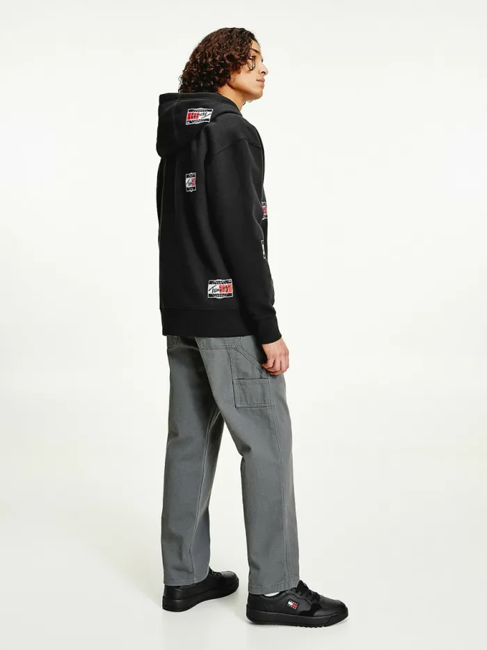 Tommy Hilfiger Logo Print Relaxed Fit Hoody Black Mens Sweatshirts and Hoodies Cheap On Sale