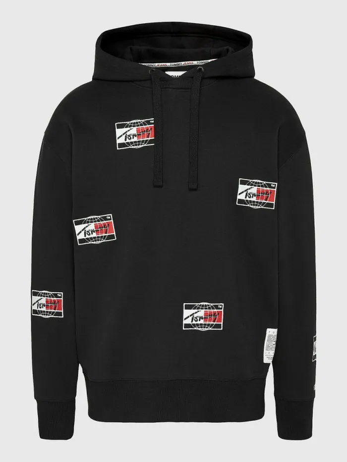 Tommy Hilfiger Logo Print Relaxed Fit Hoody Black Mens Sweatshirts and Hoodies Cheap On Sale