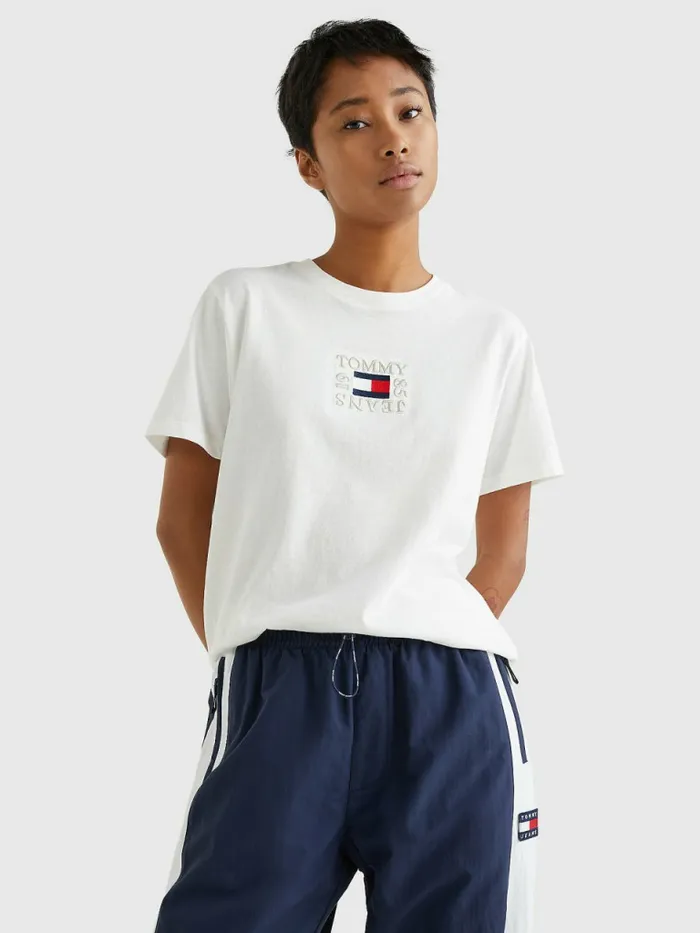 Tommy Hilfiger Logo Relaxed Fit TShirt Ecru Womens TShirts Cheap On Sale