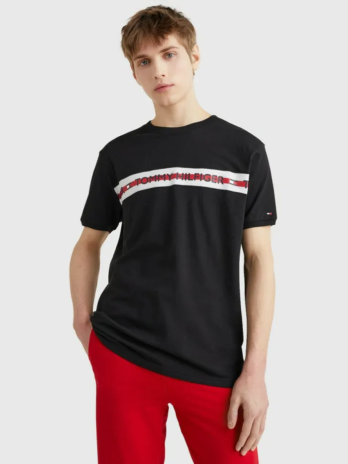 Tommy Hilfiger Logo Stripe TShirt Black Mens Loungewear and Nightwear