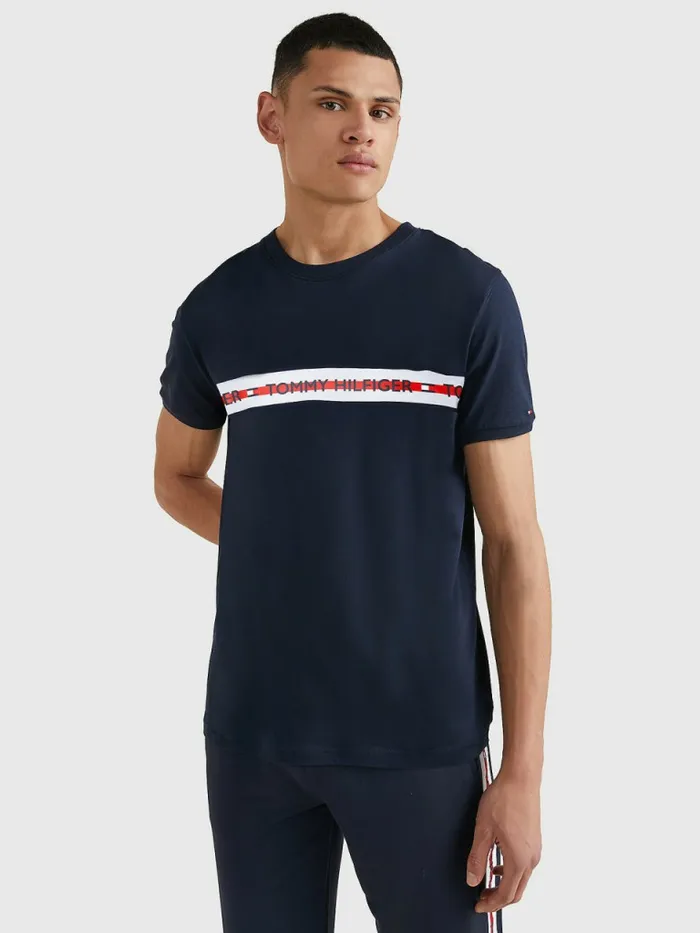 Tommy Hilfiger Logo Stripe TShirt Desert Sky Mens Essentials