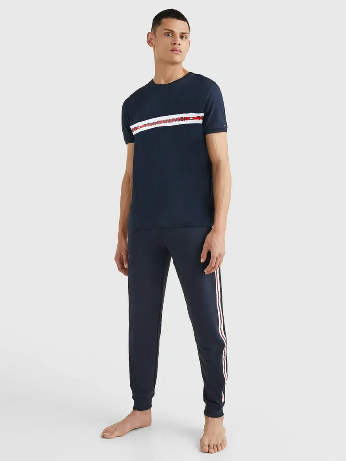 Tommy Hilfiger Logo Stripe TShirt Desert Sky Mens Essentials