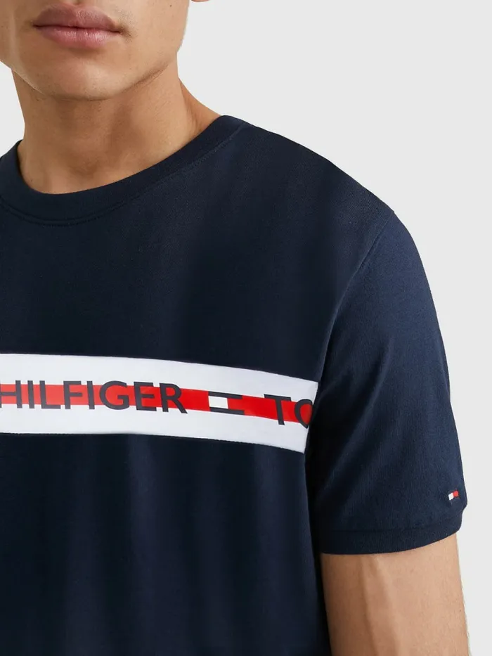 Tommy Hilfiger Logo Stripe TShirt Desert Sky Mens Essentials