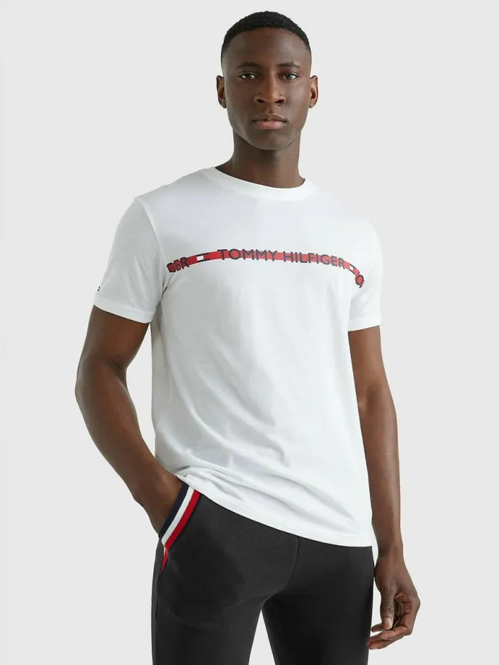 Tommy Hilfiger Logo Stripe TShirt White Mens Essentials
