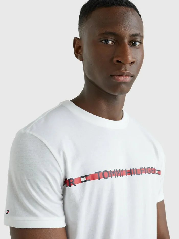 Tommy Hilfiger Logo Stripe TShirt White Mens Essentials