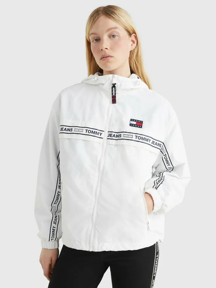 Tommy Hilfiger Logo Tape Chicago Windbreaker White Womens Coats and Jackets Sale Tommy Hilfiger Logo Tape Chicago Windbreaker White Womens Coats and Jackets Sale