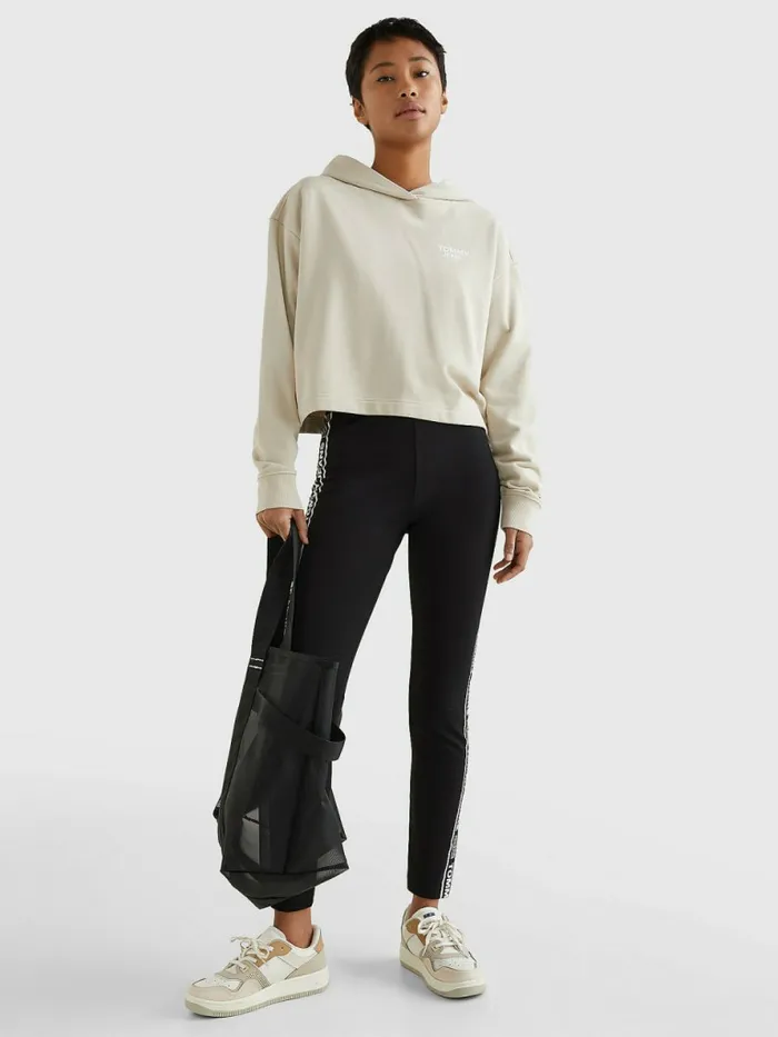 Tommy Hilfiger Logo Tape Cropped Boxy Hoody Savannah Sand Womens Sweatshirts and Hoodies Online