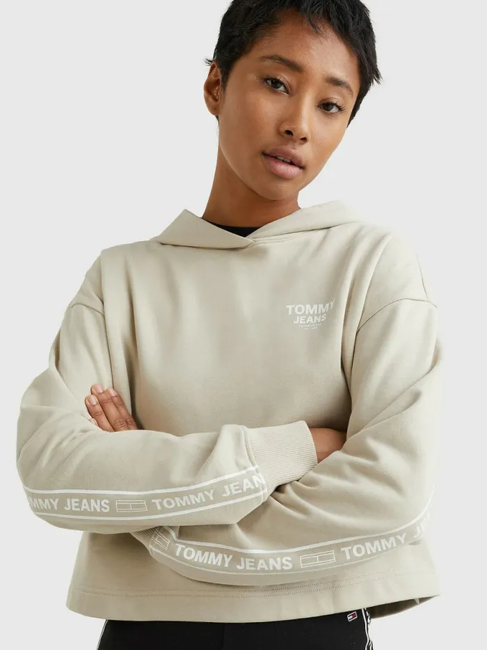 Tommy Hilfiger Logo Tape Cropped Boxy Hoody Savannah Sand Womens Sweatshirts and Hoodies Online