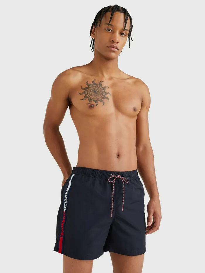Tommy Hilfiger Logo Tape Mid Length Swim Shorts Desert Sky Mens Swimwear Popular