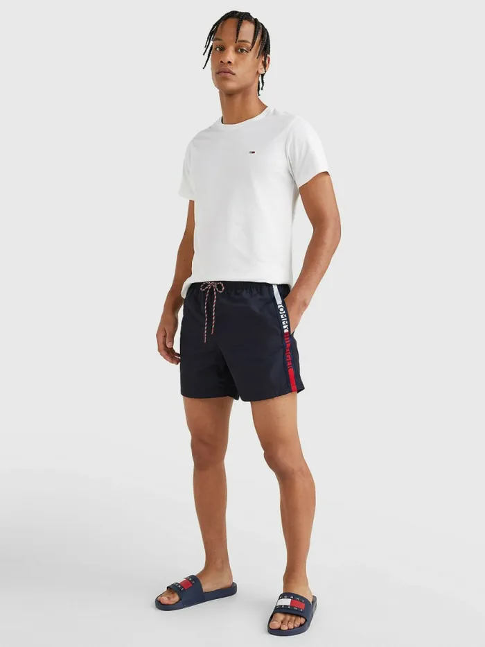 Tommy Hilfiger Logo Tape Mid Length Swim Shorts Desert Sky Mens Swimwear Popular