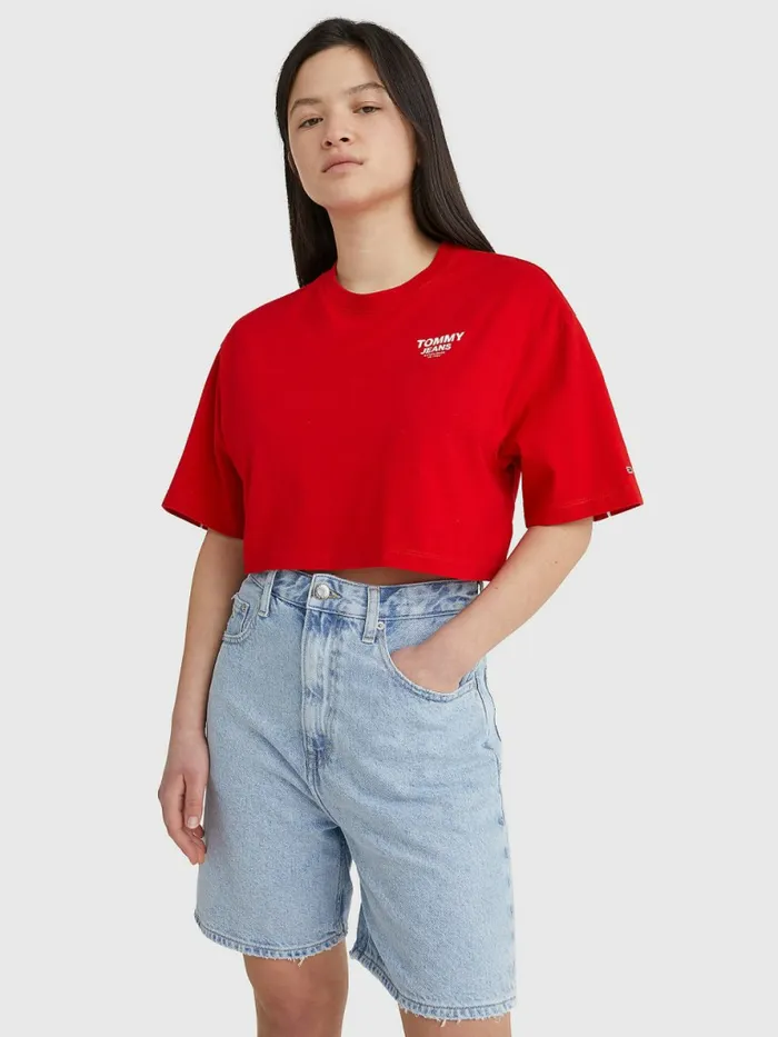 Tommy Hilfiger Logo Tape Oversized Cropped TShirt Deep Crimson Womens TShirts Near Me Tommy Hilfiger Logo Tape Oversized Cropped TShirt Deep Crimson Womens TShirts Near Me