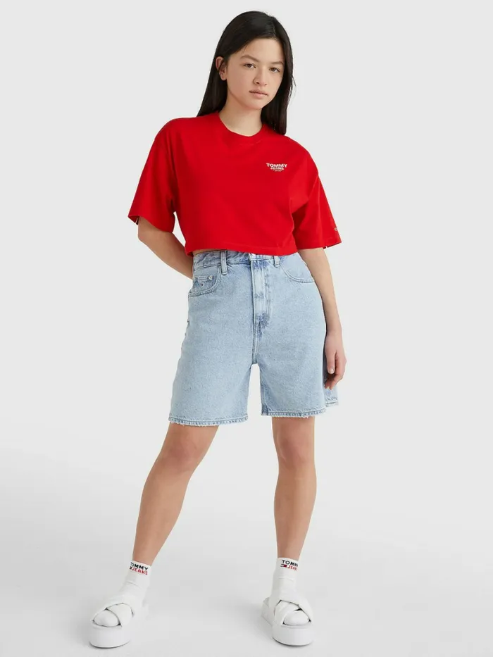 Tommy Hilfiger Logo Tape Oversized Cropped TShirt Deep Crimson Womens TShirts Near Me