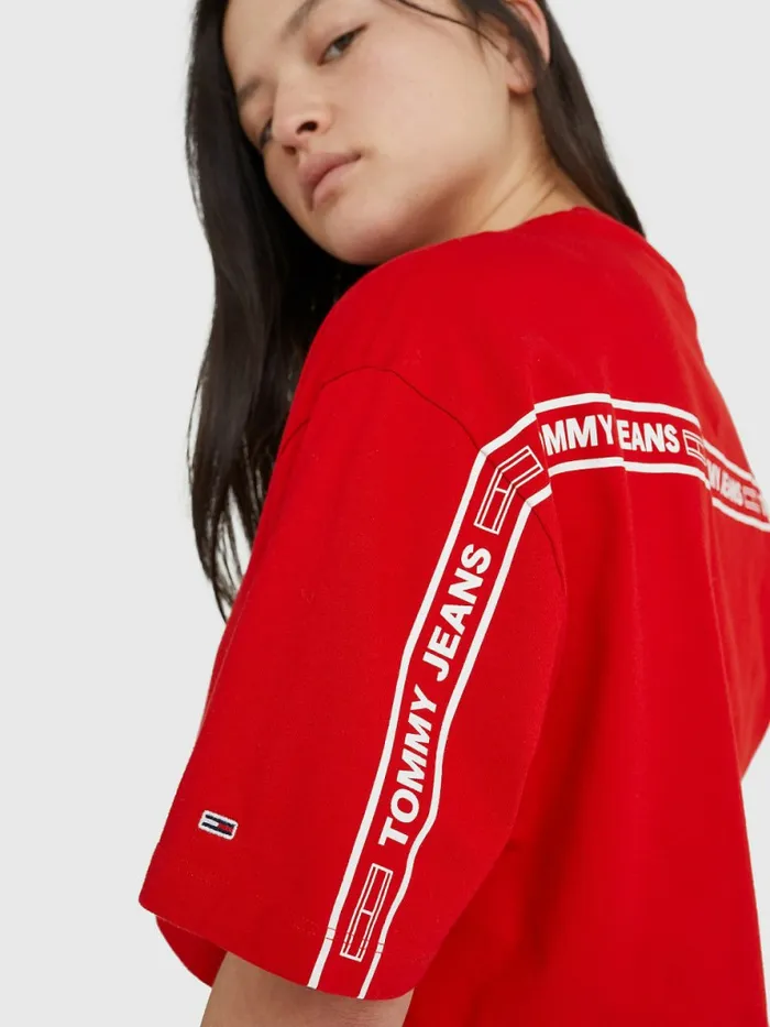 Tommy Hilfiger Logo Tape Oversized Cropped TShirt Deep Crimson Womens TShirts Near Me