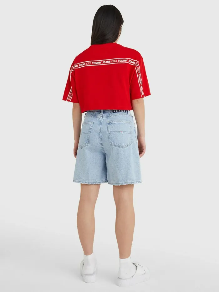 Tommy Hilfiger Logo Tape Oversized Cropped TShirt Deep Crimson Womens TShirts Near Me
