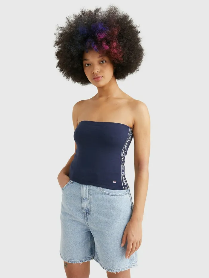 Tommy Hilfiger Logo Tape Tube Top Twilight Navy Womens TShirts Casaul