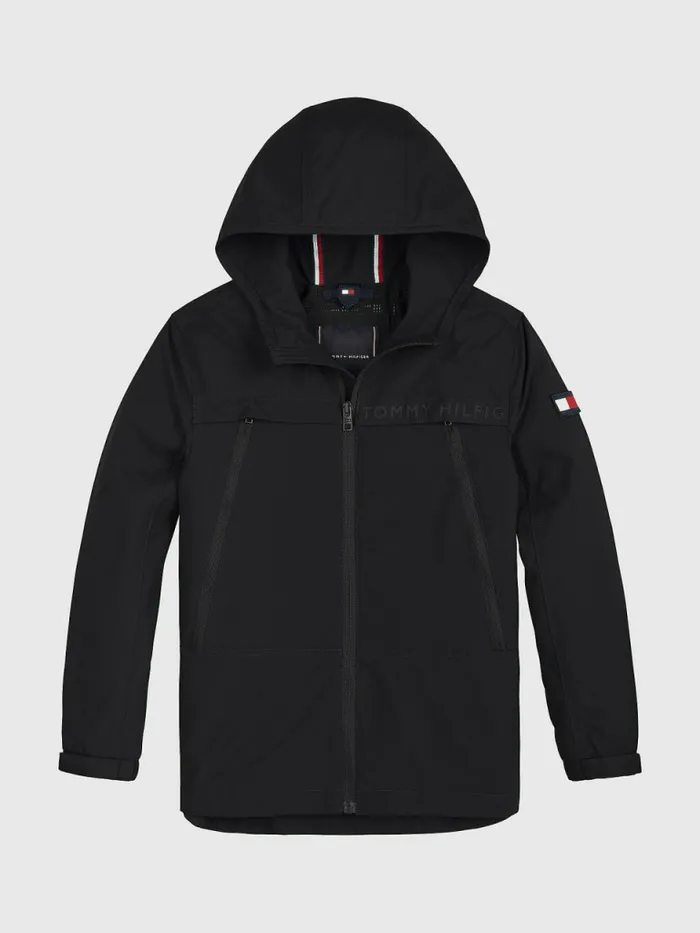 Tommy Hilfiger Logo Tape ZipThru Parka Black Boys Coats and Jackets Fashion