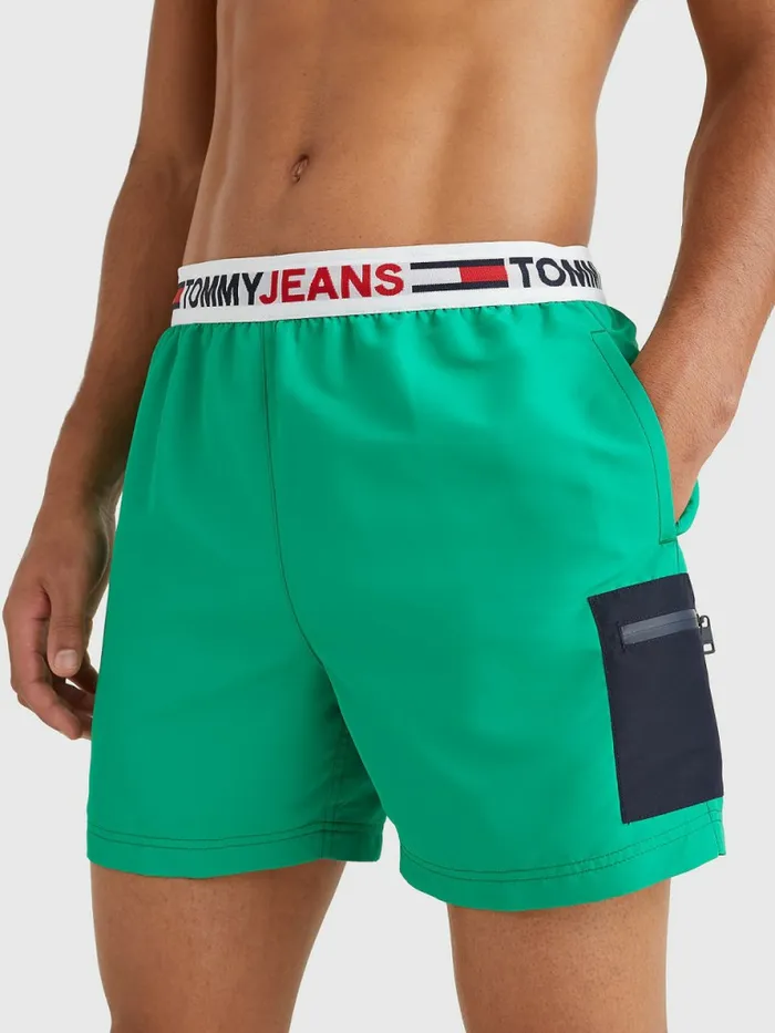 Tommy Hilfiger Logo Waistband Mid Length Swim Shorts Primary Green Mens Swimwear Sale Tommy Hilfiger Logo Waistband Mid Length Swim Shorts Primary Green Mens Swimwear Sale