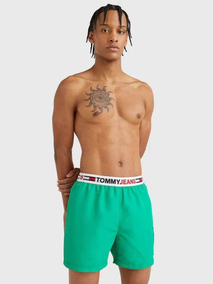 Tommy Hilfiger Logo Waistband Mid Length Swim Shorts Primary Green Mens Swimwear Sale