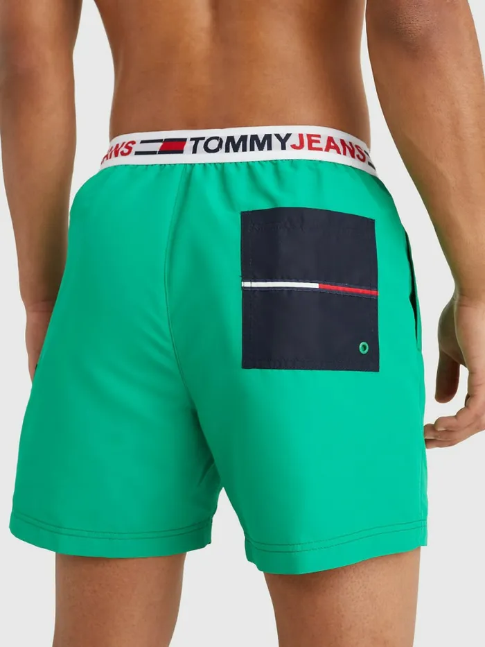 Tommy Hilfiger Logo Waistband Mid Length Swim Shorts Primary Green Mens Swimwear Sale