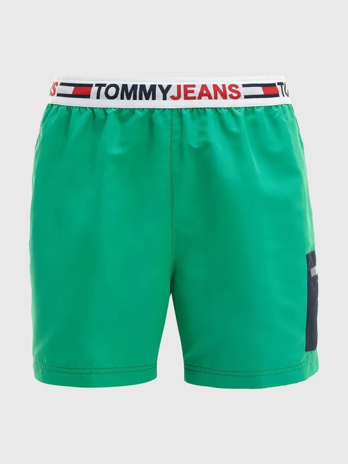Tommy Hilfiger Logo Waistband Mid Length Swim Shorts Primary Green Mens Swimwear Sale