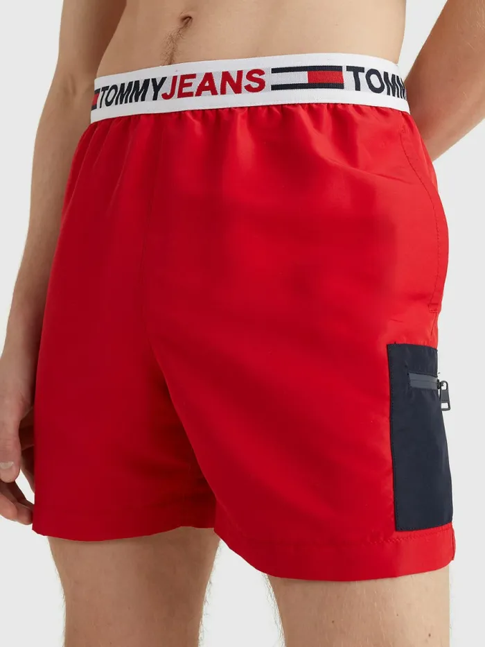 Tommy Hilfiger Logo Waistband Mid Length Swim Shorts Primary Red Mens Swimwear On Sale Tommy Hilfiger Logo Waistband Mid Length Swim Shorts Primary Red Mens Swimwear On Sale