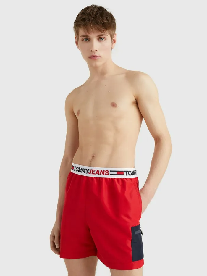 Tommy Hilfiger Logo Waistband Mid Length Swim Shorts Primary Red Mens Swimwear On Sale
