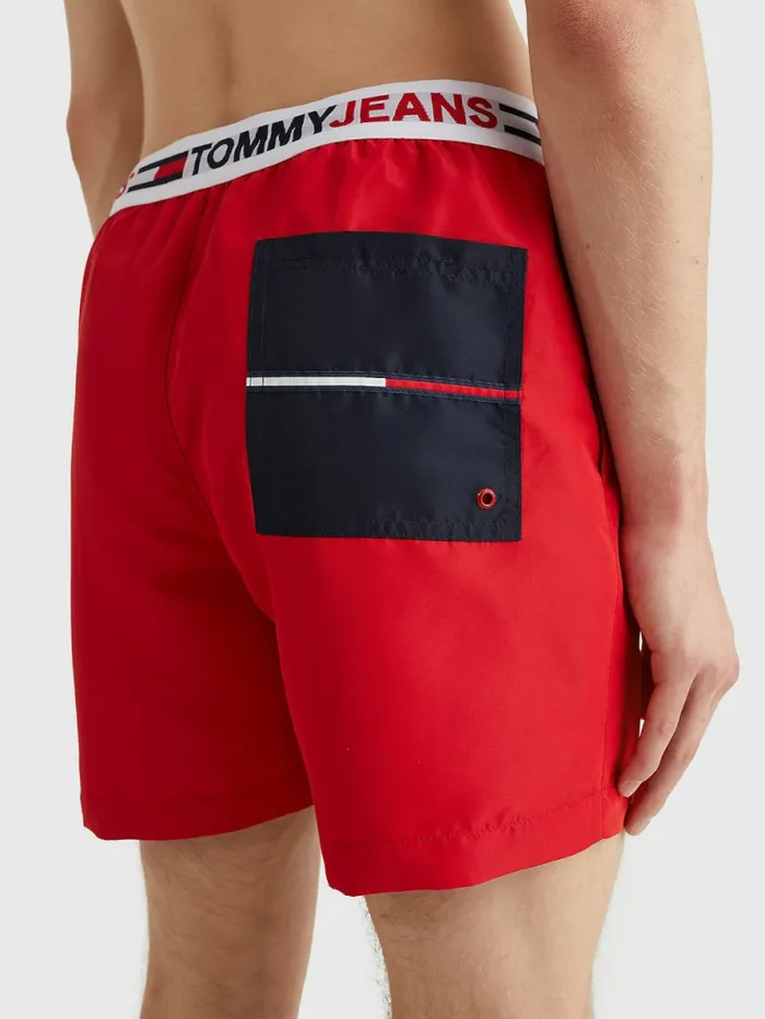 Tommy Hilfiger Logo Waistband Mid Length Swim Shorts Primary Red Mens Swimwear On Sale