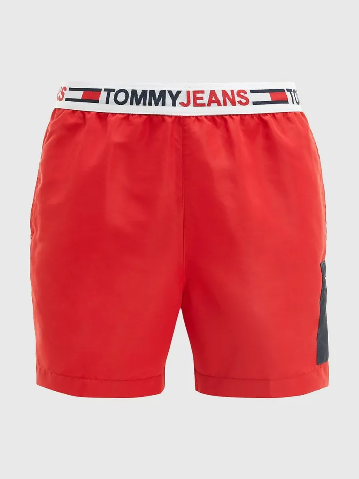 Tommy Hilfiger Logo Waistband Mid Length Swim Shorts Primary Red Mens Swimwear On Sale