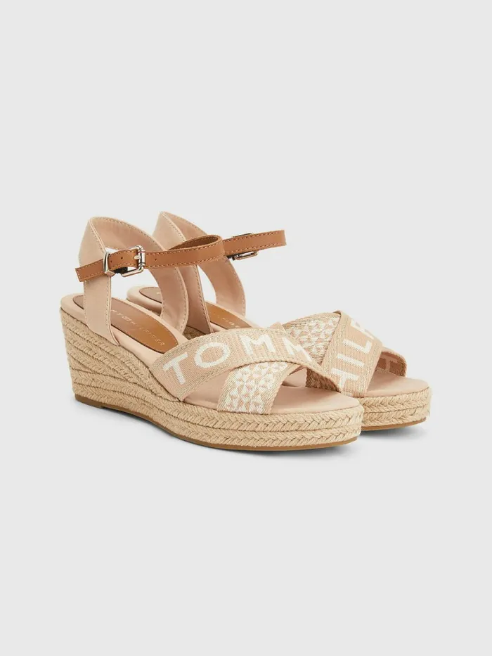 Tommy Hilfiger Logo Webbing Low Wedge Sandals Sandrift Womens Sandals Sale