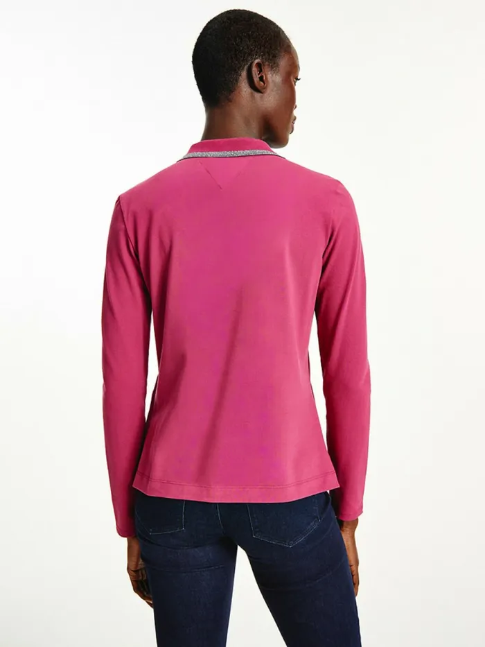 Tommy Hilfiger Long Sleeve Metallic Trim Polo Crimson Ruby Womens Polo Shirts Gift Ideas